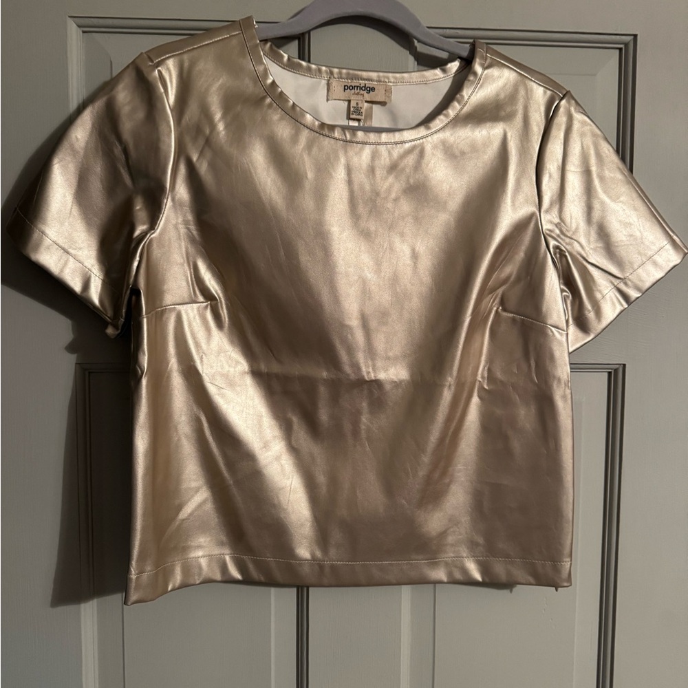 Anthropologie Porridge metallic Gold Short Sleeve Top